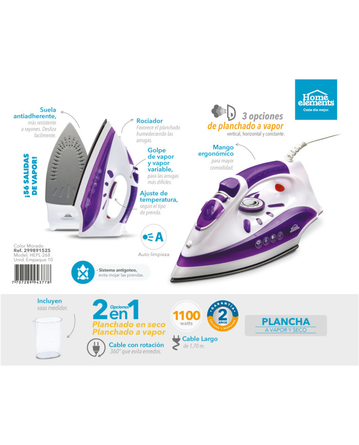 Plancha Hepl-268 Vapor Y Seco Antiadherente Home Elements