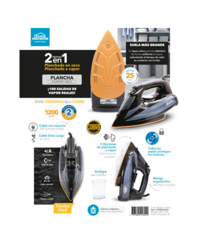 Plancha Vapor Negra Suela Ceramica Cobre Pl-281