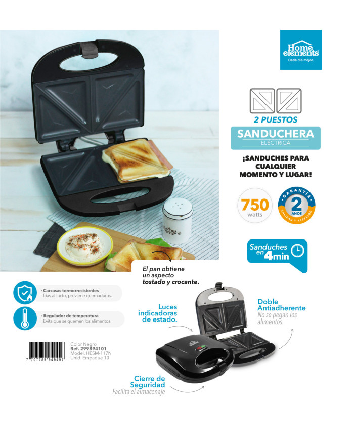 Sanduchera 2P He Sm117N Negra Con Platos Sandwich Antiad