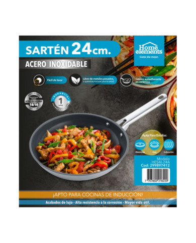 Sarten 24 Cm Sin Tapa Acero Inox Interior Antiadherente