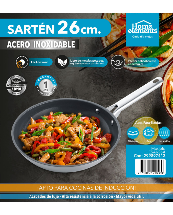 Sarten 26 Cm Sin Tapa Acero Inox Interior Antiadherente