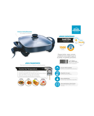 Sarten Electrico Cuadrado 30X30Cms Tapa Vidrio He116B3030