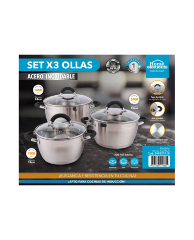 Set X 3 Ollas Con Tapa Acero Inox 18Cm 20Cm 24Cm