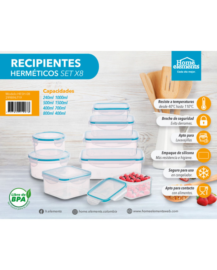 Set X 8 Recipientes 4 Rect. - 2 Cuadr. - 2 Red. Hesh-08