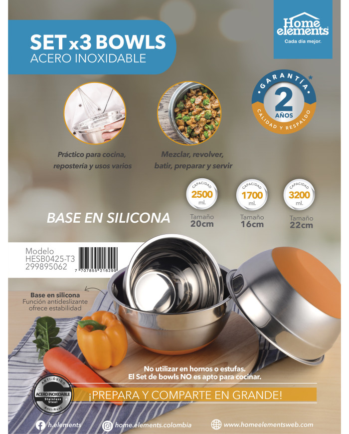 Setx3 Bowl 16-20-22Cm Acero Inox Base Antides Silicona Coppe