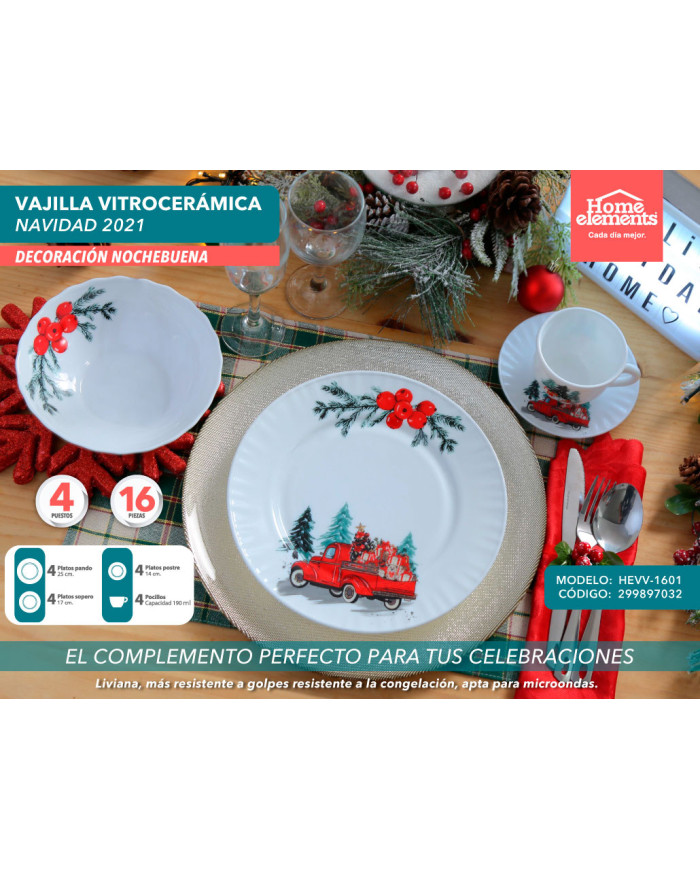 Vajilla Vitroceramica 4/16 Navidad Hevv-1601 Noche Buena