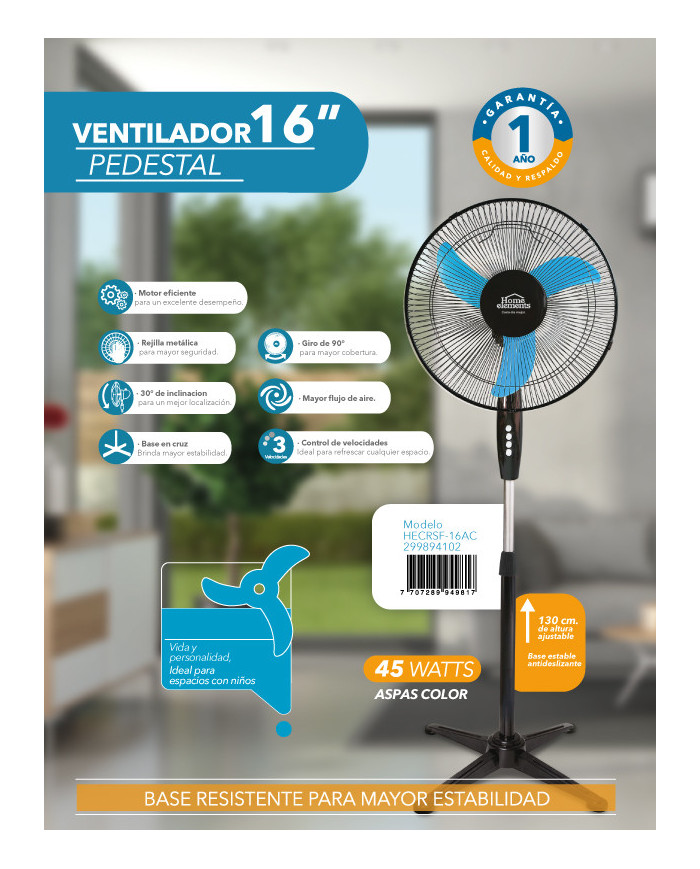 Ventilador Pedestal Negro 16 Caja X 1 Hecrsf-16Ac Aspa Color