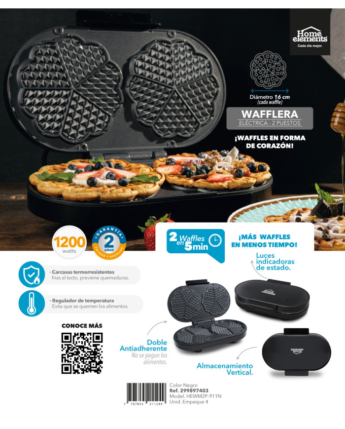 Wafflera 2 Puestos Negra