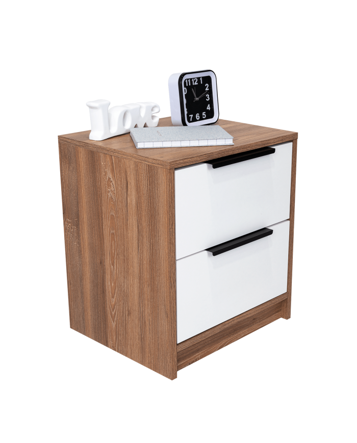 Mesa de Noche Wesley, Miel y Blanco, con Dos Cajones Organizadores Hc