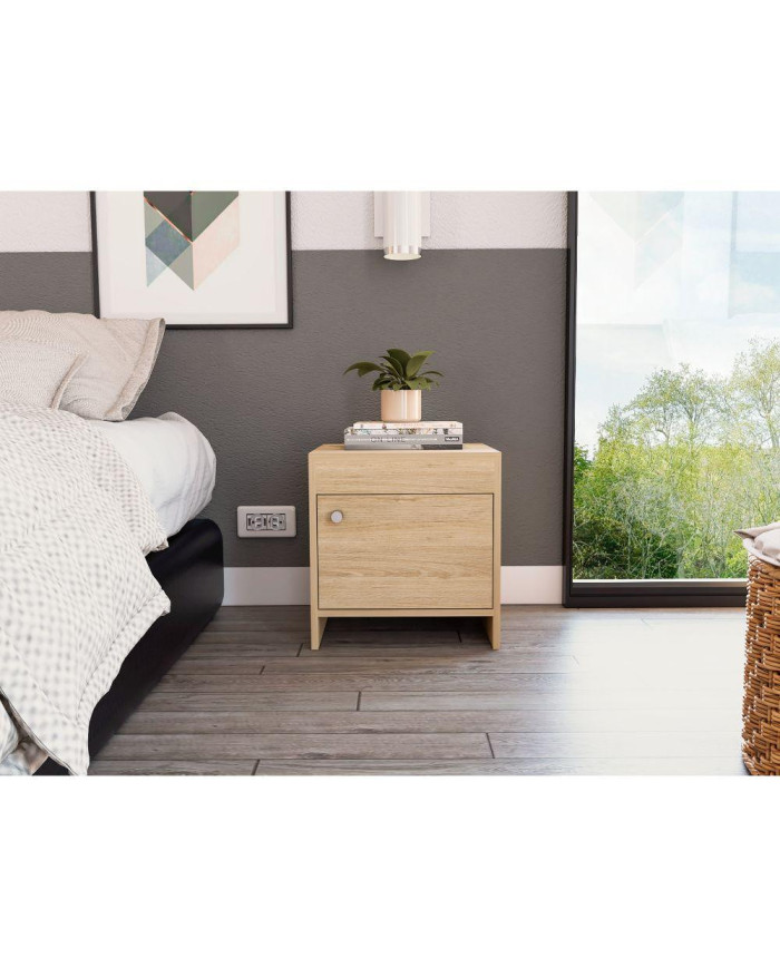 Mesa de Noche Tutto, Beige, con Cajón Para Guardar Objetos Ideal Para Espacios Reducidos