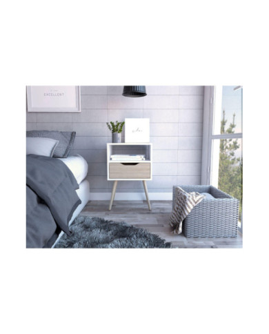 Mesa de Noche Alesio, Blanco y Beige, con Patas en Madera y un Cajón