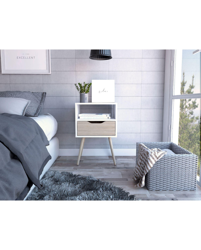 Mesa de Noche Alesio, Blanco y Beige, con Patas en Madera y un Cajón
