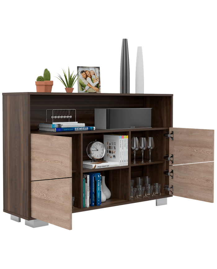 Mesa Auxiliar Recibidor Orus, Caoba y Miel, con Cuatro Puertas y Patas de Acero