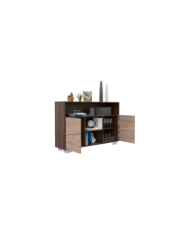 Mesa Auxiliar Recibidor Orus, Caoba y Miel, con Cuatro Puertas y Patas de Acero