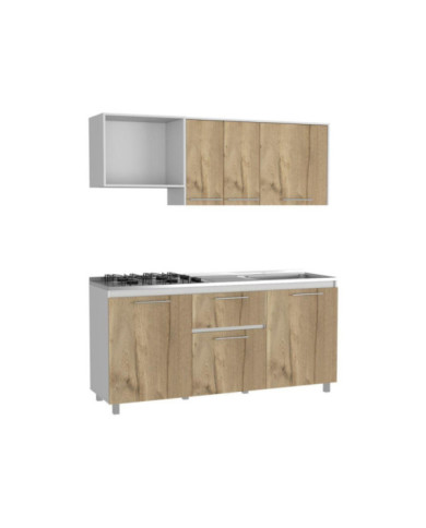 Cocina Integral Alan, Café Claro y Blanco, Incluye Mesón Derecho En Acero Inoxidable